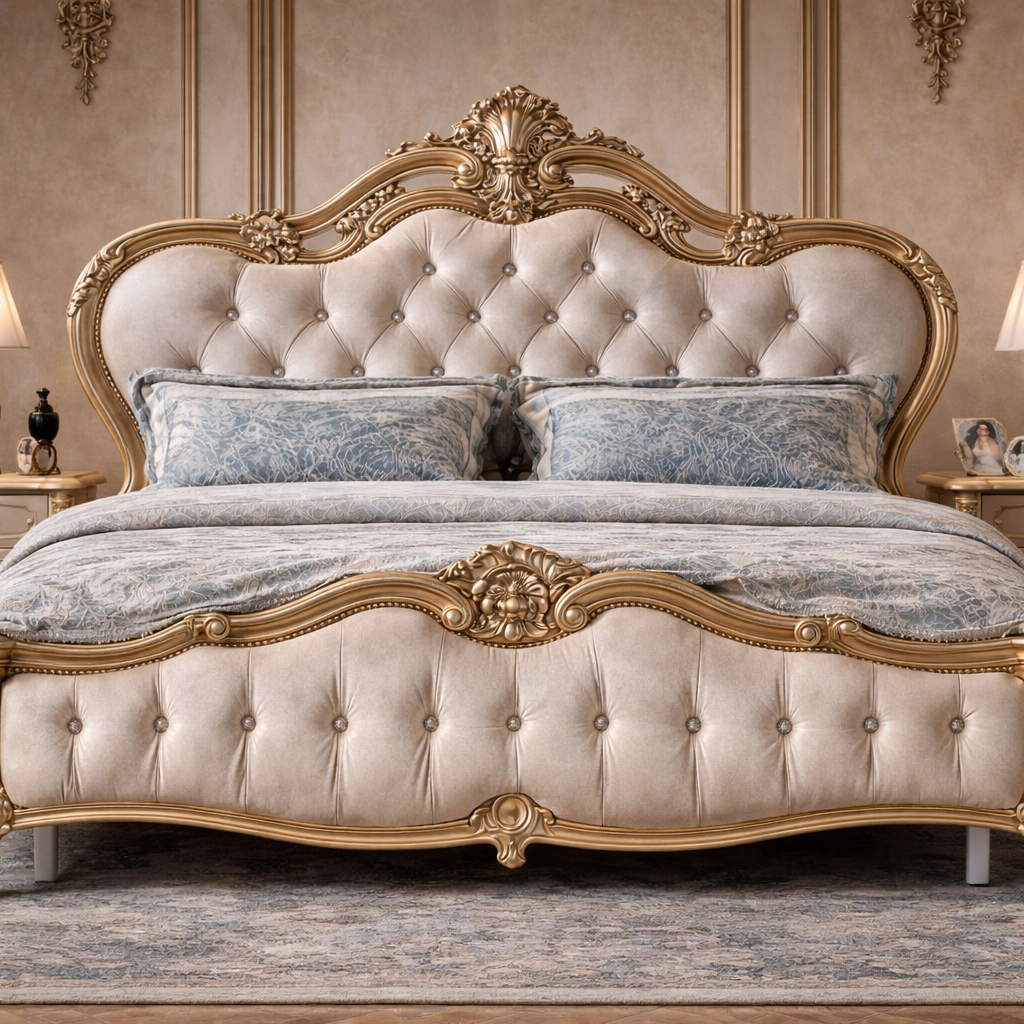Royal Heritage Hand Carved Teak Wood Luxury King Size Bed – Glossy Gold Finish