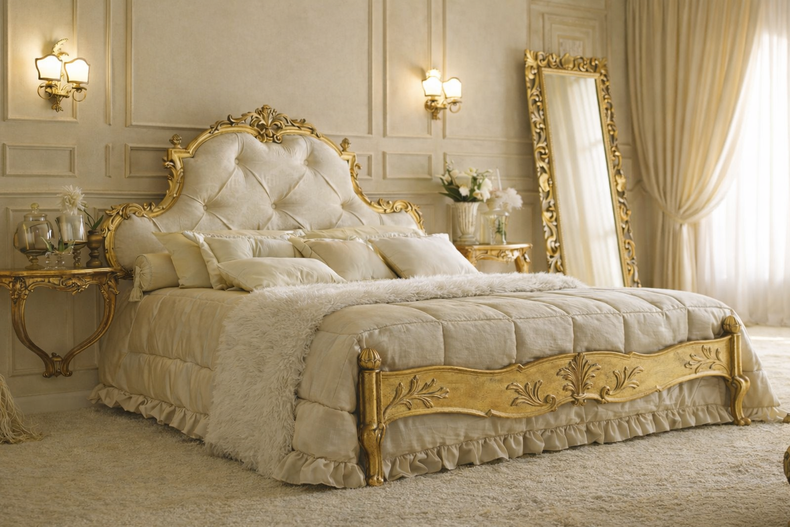 Majestic Crown European Luxury Bed Hand-Carved Solid Wood Frame with Royal Tufted Upholstery - Image 3