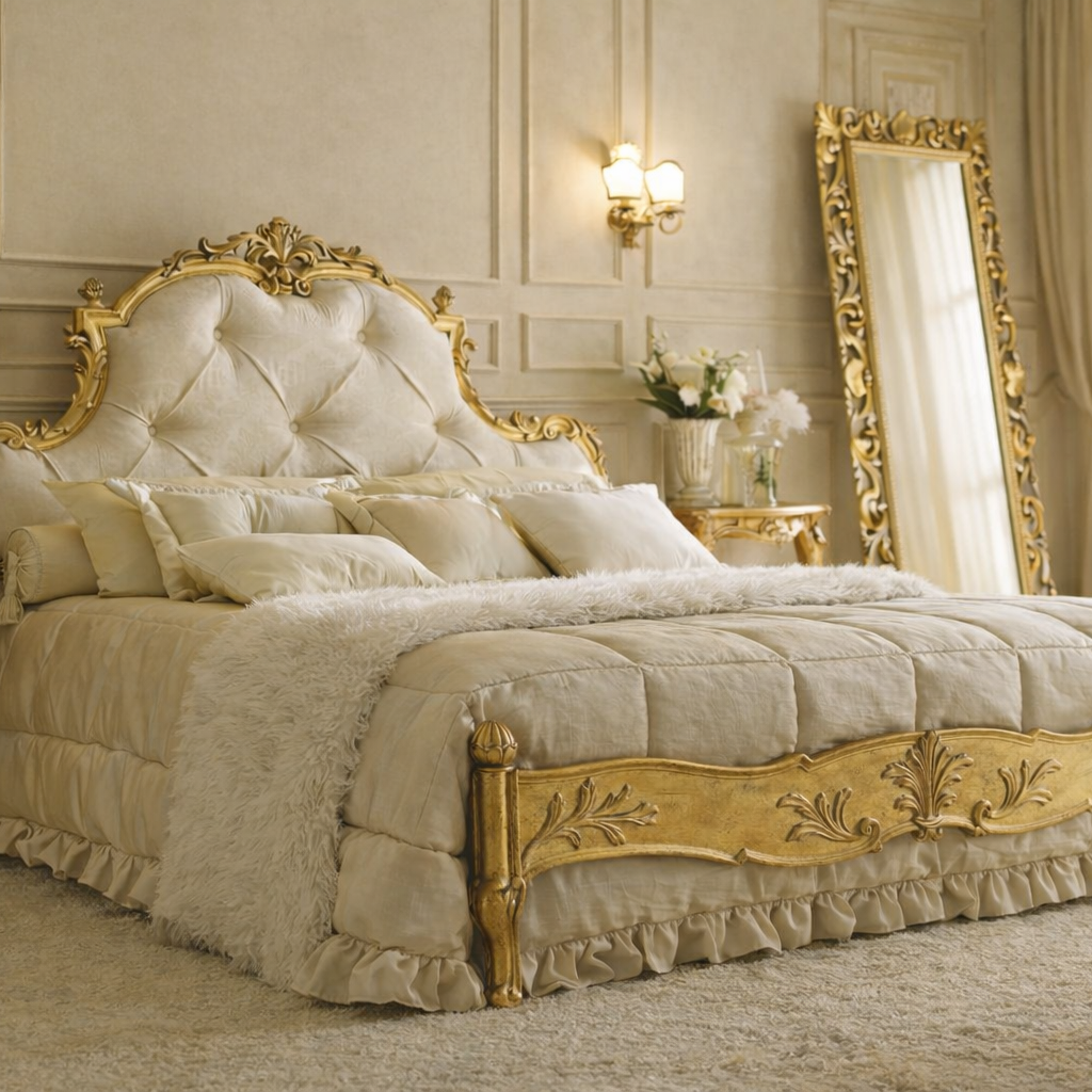 Majestic Crown European Luxury Bed Hand-Carved Solid Wood Frame with Royal Tufted Upholstery