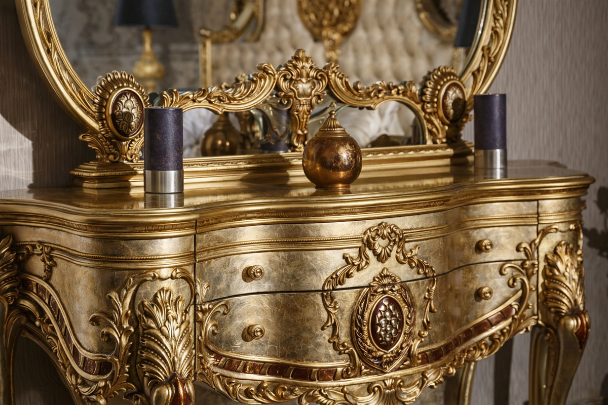 GRAND MAJESTIC EUROPEAN GOLD CARVED DRESSING VANITY WITH MIRROR STOOL - Image 3