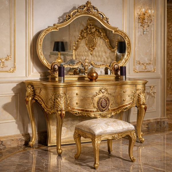 GRAND MAJESTIC EUROPEAN GOLD CARVED DRESSING VANITY WITH MIRROR STOOL