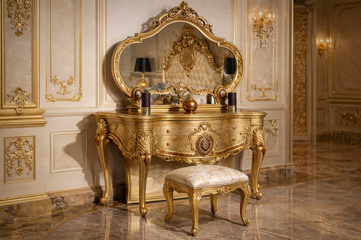 GRAND MAJESTIC EUROPEAN GOLD CARVED DRESSING VANITY WITH MIRROR STOOL