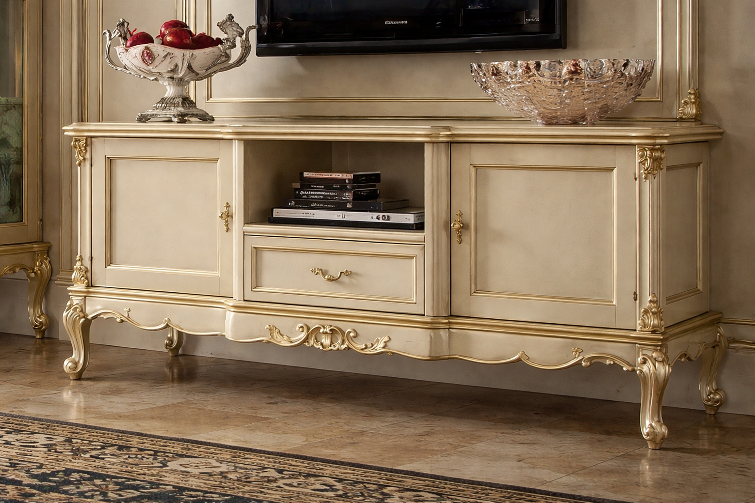 VERSAILLES INSPIRED HANDCARVED GOLD LEAF LUXURY SHOWCASE CABINET AND TELEVISION CONSOLE - Image 5