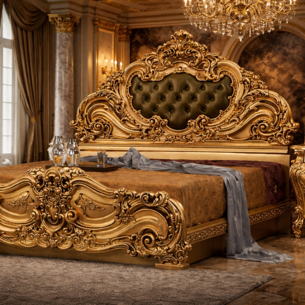 REGALIA SUPREME GOLD LEAF HANDCRAFTED LUXURY BED ENSEMBLE WITH TUFTED HEADBOARD AND ROYAL NIGHTSTAND 👑✨