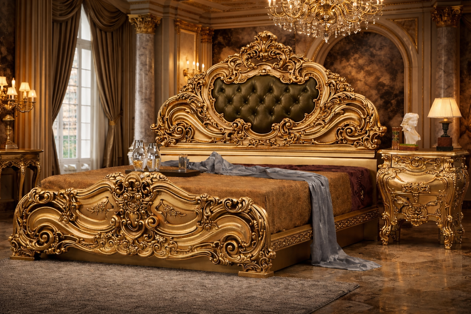 REGALIA SUPREME GOLD LEAF HANDCRAFTED LUXURY BED ENSEMBLE WITH TUFTED HEADBOARD AND ROYAL NIGHTSTAND 👑✨