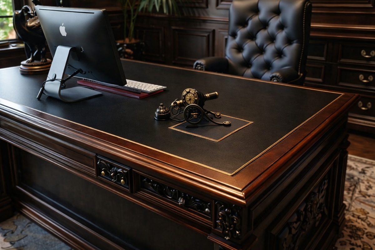 LUXURY HANDCRAFTED EXECUTIVE OFFICE DESK WITH CLASSIC LEATHER CHAIR & ORNATE WOODEN STORAGE UNIT - Image 3