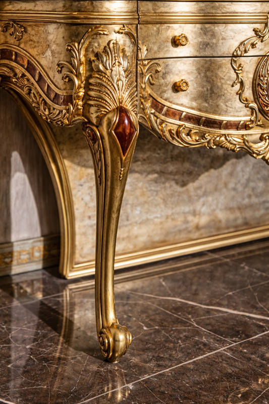GRAND MAJESTIC EUROPEAN GOLD CARVED DRESSING VANITY WITH MIRROR STOOL - Image 4