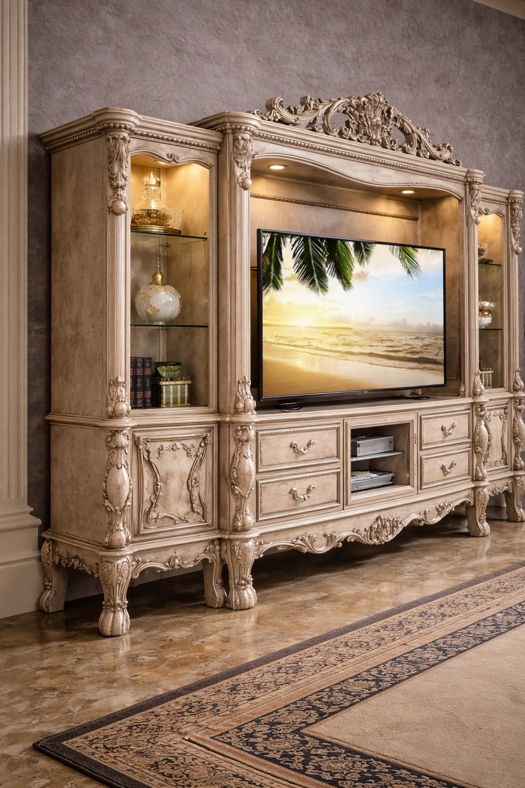 MODERN MINIMALIST LUXURY ENTERTAINMENT CONSOLE WITH REFINED HANDCRAFTED DETAILS AND INTEGRATED DISPLAY STORAGE CABINETS DESIGN - Image 3