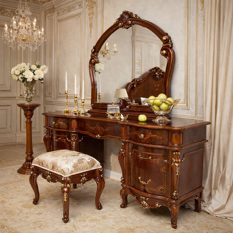 EUROPEAN CLASSIC DRESSING VANITY TABLE WITH ORNATE MIRROR AND STOOL