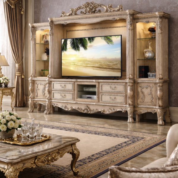 MODERN MINIMALIST LUXURY ENTERTAINMENT CONSOLE WITH REFINED HANDCRAFTED DETAILS AND INTEGRATED DISPLAY STORAGE CABINETS DESIGN