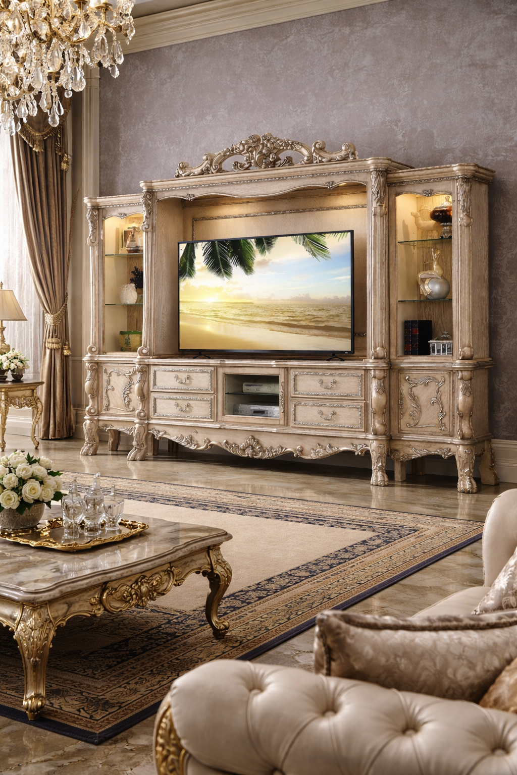 MODERN MINIMALIST LUXURY ENTERTAINMENT CONSOLE WITH REFINED HANDCRAFTED DETAILS AND INTEGRATED DISPLAY STORAGE CABINETS DESIGN