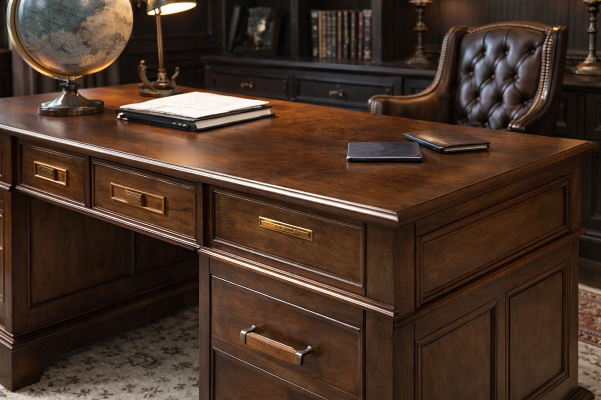 Luxury Classic Wooden Executive Office Desk with Leather Chair & Bookshelf Set - Image 4