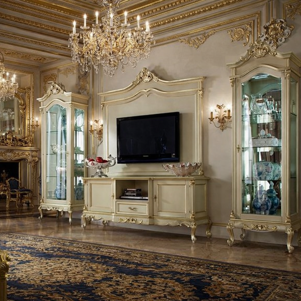 VERSAILLES INSPIRED HANDCARVED GOLD LEAF LUXURY SHOWCASE CABINET AND TELEVISION CONSOLE