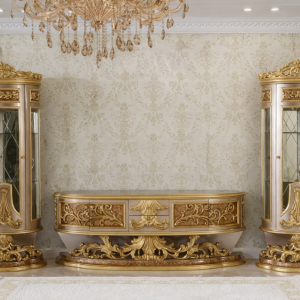 IMPERIAL HANDCRAFTED ROYAL TELEVISION UNIT WITH TWIN GLASS CABINETS AND ORNATE GOLD CARVED DETAILING LUXURY
