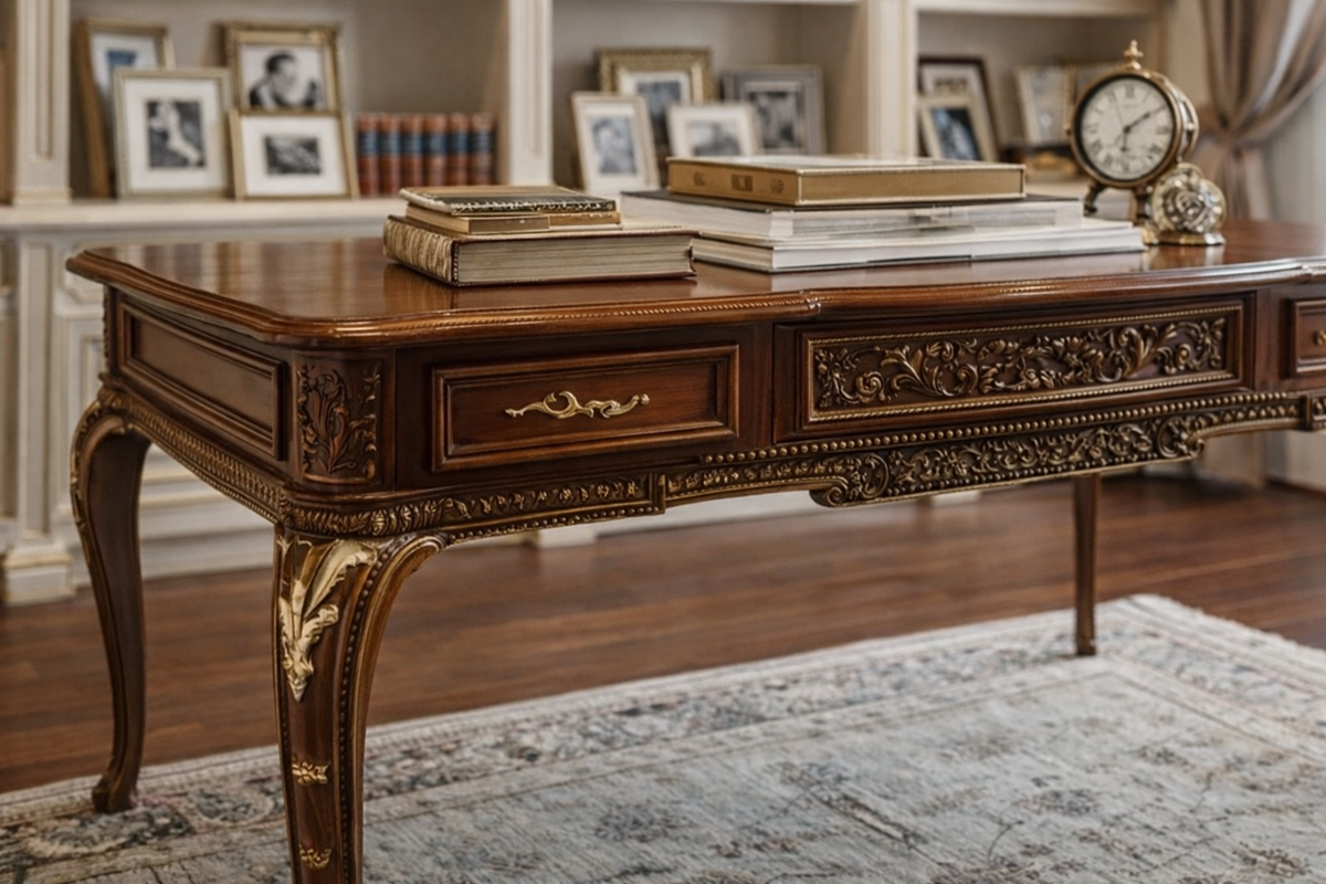 PREMIUM EUROPEAN STYLE CARVED WOOD OFFICE DESK SET WITH BUILT-IN DISPLAY BOOKCASE - Image 4