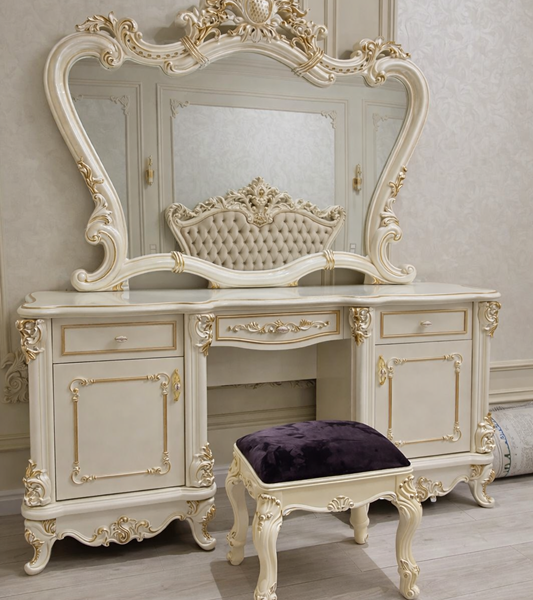 CLASSIC EUROPEAN ROYAL DRESSING CONSOLE WITH ARTISTIC CARVED MIRROR FRAME