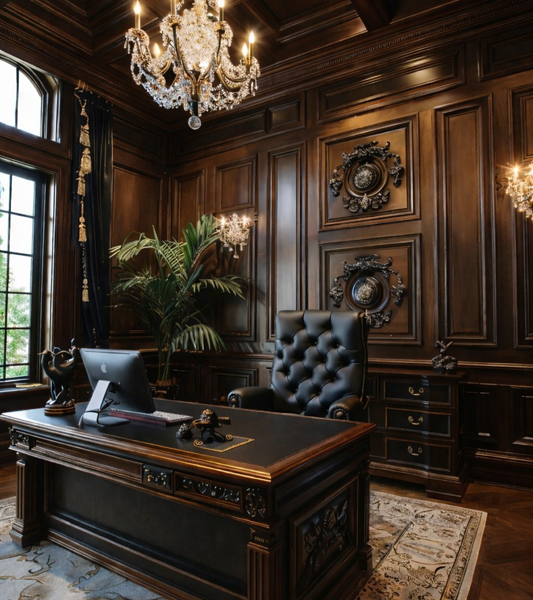 LUXURY HANDCRAFTED EXECUTIVE OFFICE DESK WITH CLASSIC LEATHER CHAIR & ORNATE WOODEN STORAGE UNIT