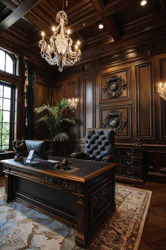 LUXURY HANDCRAFTED EXECUTIVE OFFICE DESK WITH CLASSIC LEATHER CHAIR & ORNATE WOODEN STORAGE UNIT