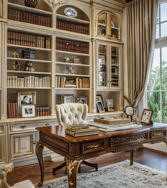 PREMIUM EUROPEAN STYLE CARVED WOOD OFFICE DESK SET WITH BUILT-IN DISPLAY BOOKCASE