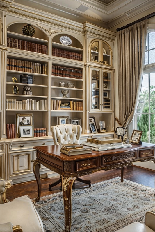 PREMIUM EUROPEAN STYLE CARVED WOOD OFFICE DESK SET WITH BUILT-IN DISPLAY BOOKCASE