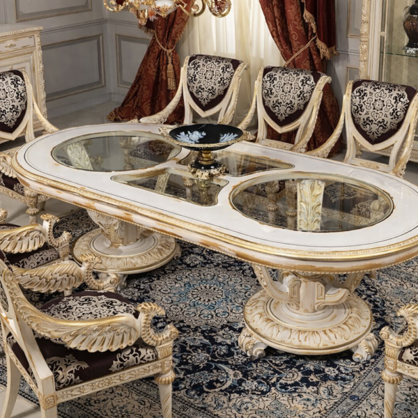 ROYAL EUROPEAN HANDCARVED LUXURY DINING TABLE SET WITH ORNATE CHAIRS AND GOLD LEAF FINISH