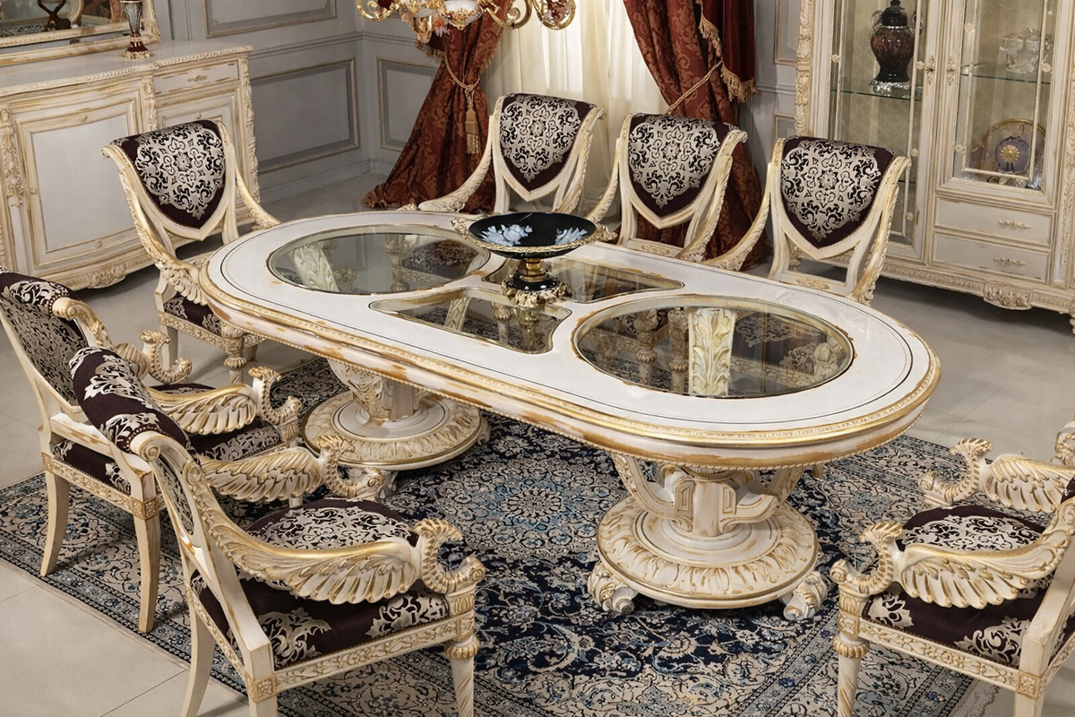 ROYAL EUROPEAN HANDCARVED LUXURY DINING TABLE SET WITH ORNATE CHAIRS AND GOLD LEAF FINISH