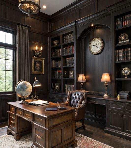 Luxury Classic Wooden Executive Office Desk with Leather Chair & Bookshelf Set