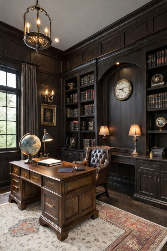 Luxury Classic Wooden Executive Office Desk with Leather Chair & Bookshelf Set