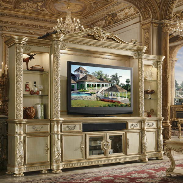 Heritage Handcrafted Gold-Tone Luxury TV Console with Ornate Carving and Elegant Glass Storage