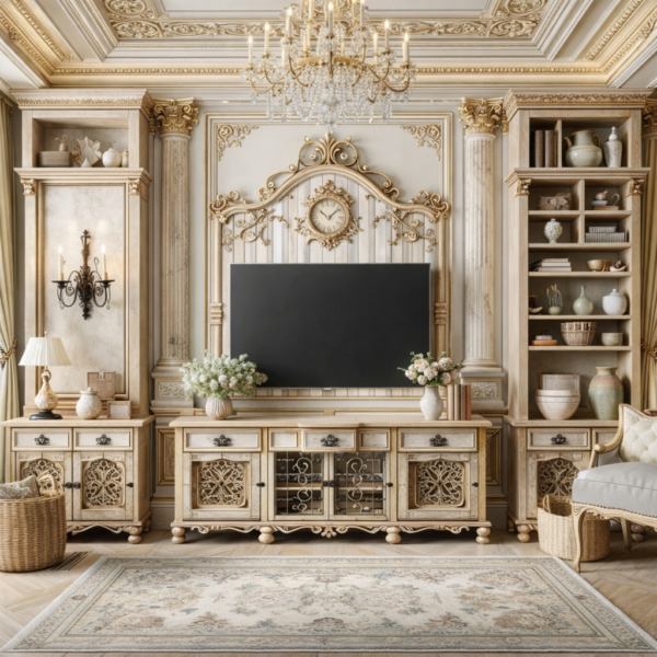 MODERN LUXURY HANDCRAFTED TV UNIT WITH GLASS CABINETS, SOFT GOLD ACCENTS, CLEAN LINES, TIMELESS ELEGANCE