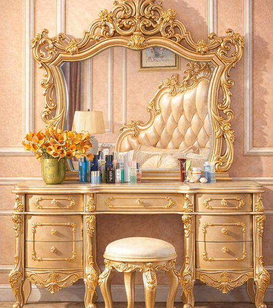 HANDCRAFTED GOLD LEAF DRESSING UNIT WITH ORNATE CARVINGS, MATCHING STOOL, CLASSIC EUROPEAN LUXURY BEDROOM ENSEMBLE