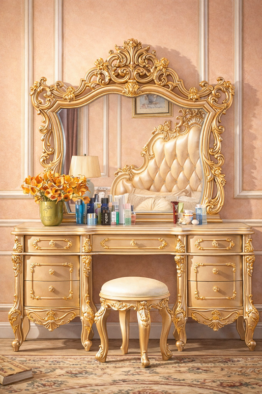 HANDCRAFTED GOLD LEAF DRESSING UNIT WITH ORNATE CARVINGS, MATCHING STOOL, CLASSIC EUROPEAN LUXURY BEDROOM ENSEMBLE