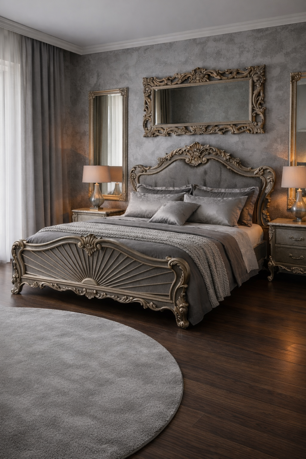IMPERIAL GREY ROYALE HANDCRAFTED LUXURY BED WITH ROYAL SIDE TABLES INSPIRED BY CLASSIC EUROPEAN ELEGANCE