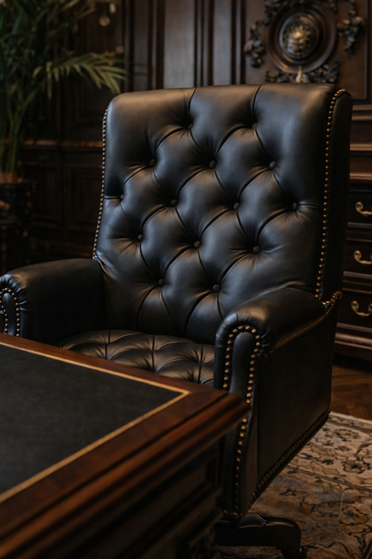 LUXURY HANDCRAFTED EXECUTIVE OFFICE DESK WITH CLASSIC LEATHER CHAIR & ORNATE WOODEN STORAGE UNIT - Image 5